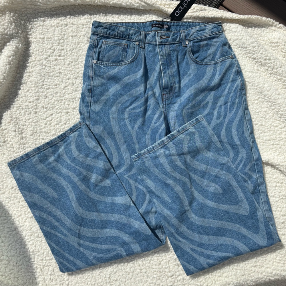 Boohoo Blue Patterned Boyfriend Jeans